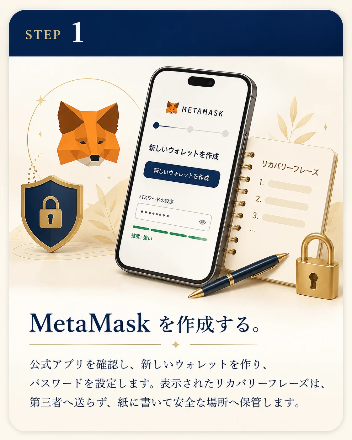 STEP1 MetaMask を作成する。公式アプリを確認し、新しいウォレットを作り、パスワードを設定します。表示されたリカバリーフレーズは、第三者へ送らず、紙に書いて安全な場所へ保管します。