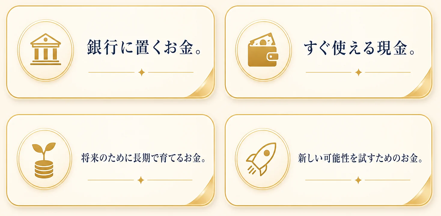 銀行に置くお金。すぐ使える現金。将来のために長期で育てるお金。新しい可能性を試すためのお金。
