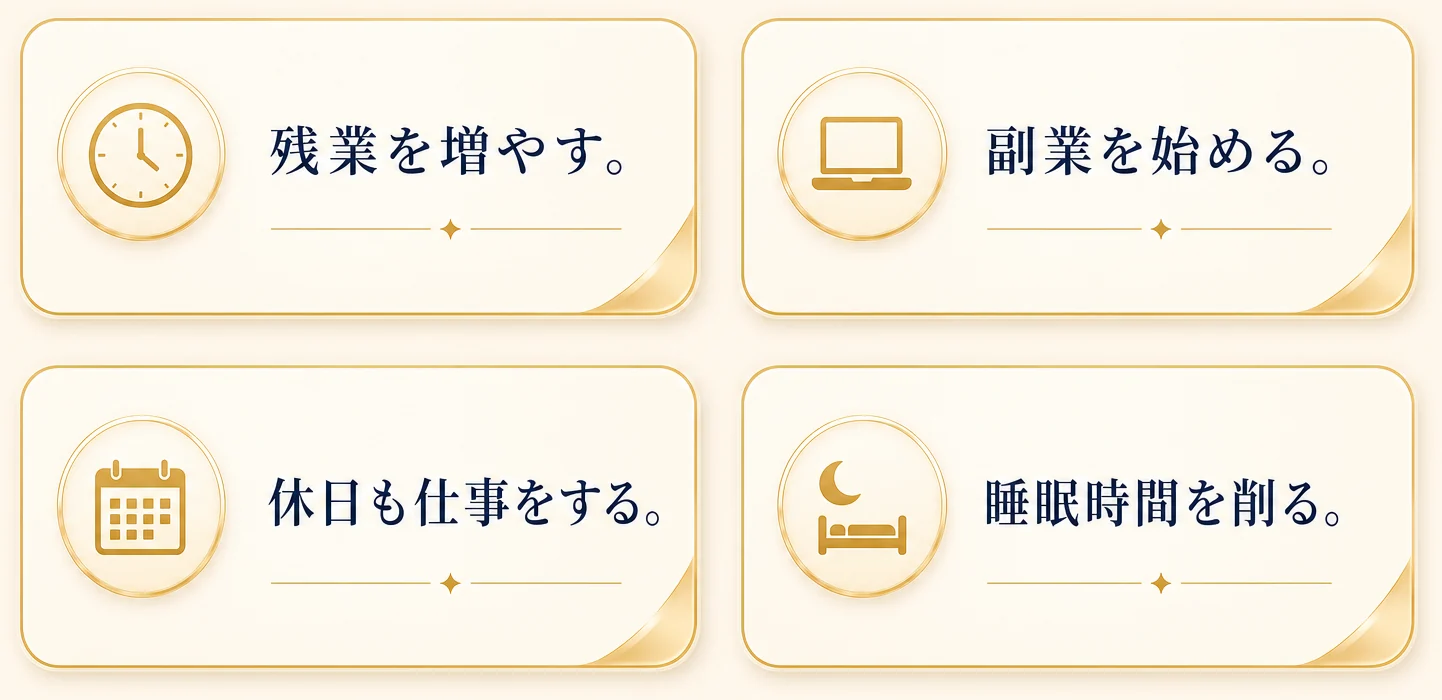 残業を増やす。副業を始める。休日も仕事をする。睡眠時間を削る。