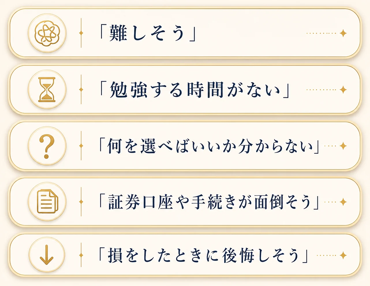 「難しそう」「勉強する時間がない」「何を選べばいいか分からない」「証券口座や手続きが面倒そう」「損をしたときに後悔しそう」